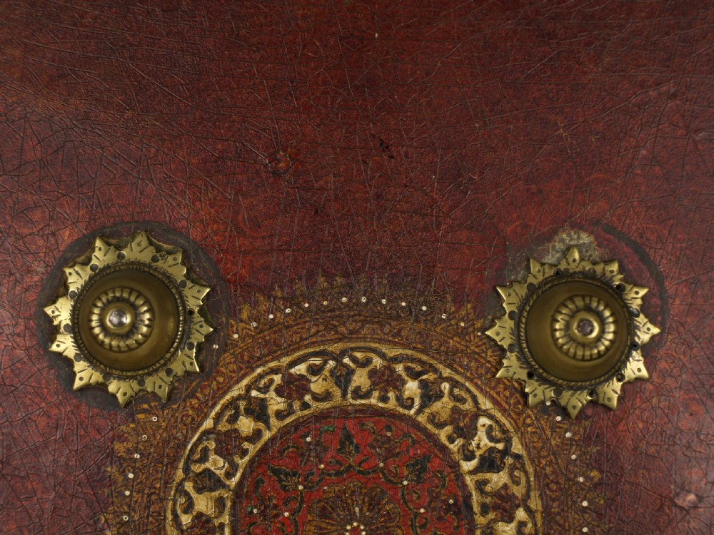 A Large 19th Century Indian Polychrome Finished Hide Shield, Dhal